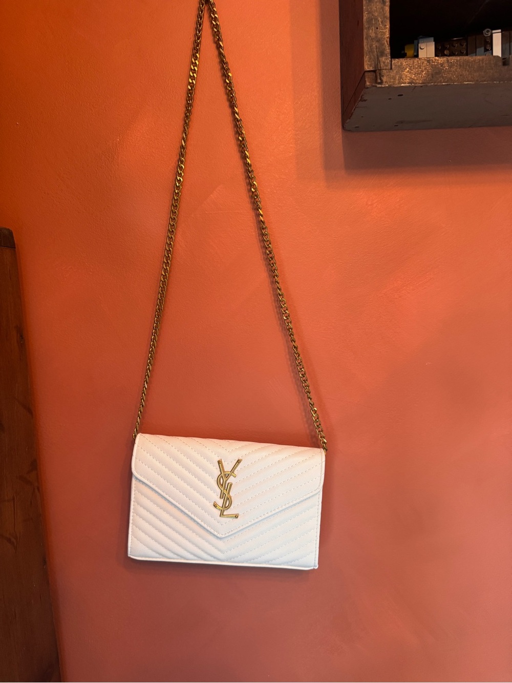 Saint Laurent White Quilted Leather Chain Wallet with Gold Hardware